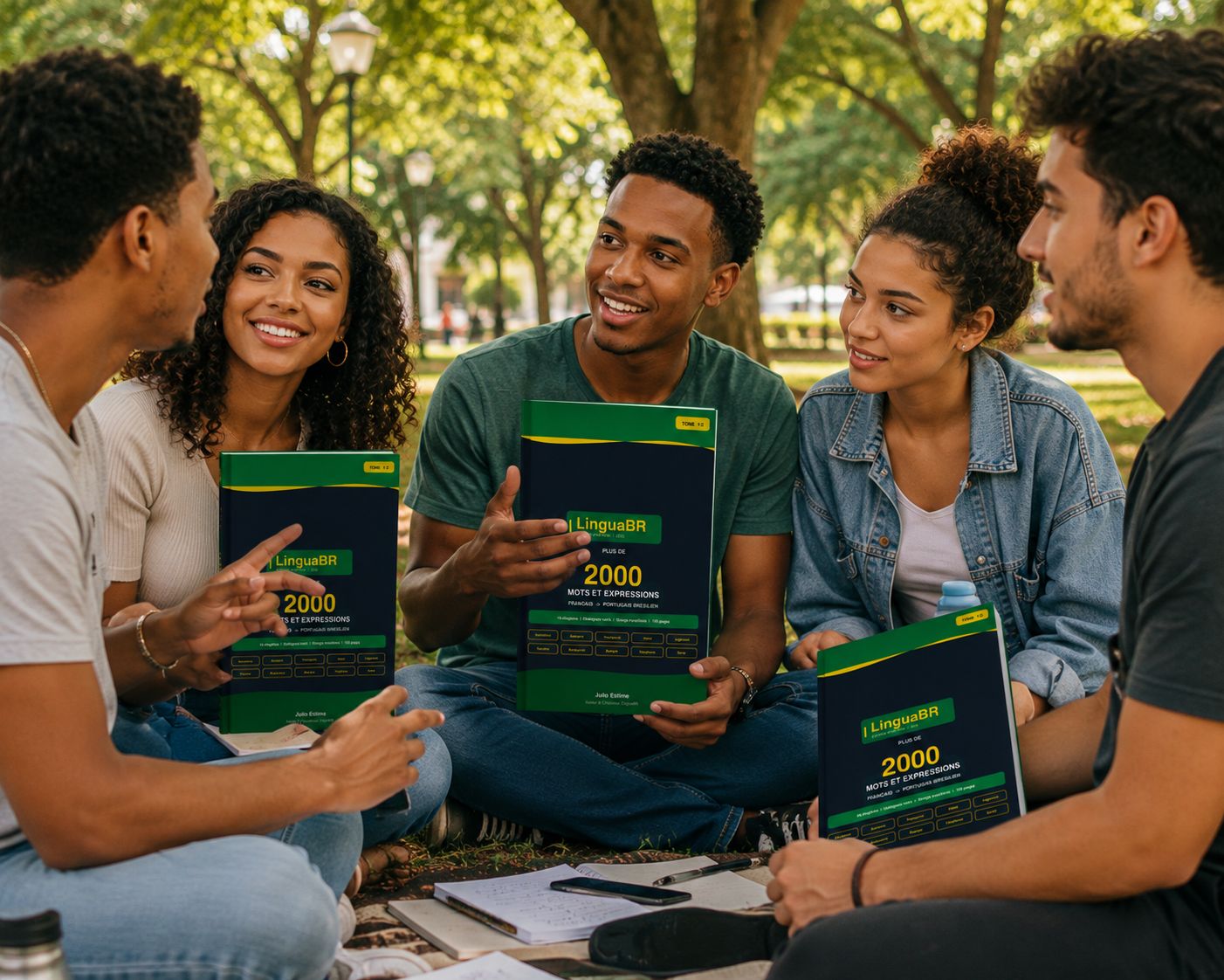 Groupe d'amis apprenant le portugais brésilien avec le guide LinguaBR