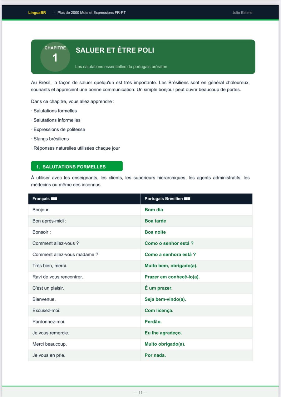 Page du guide LinguaBR — Chapitre 1, salutations formelles français-portugais
