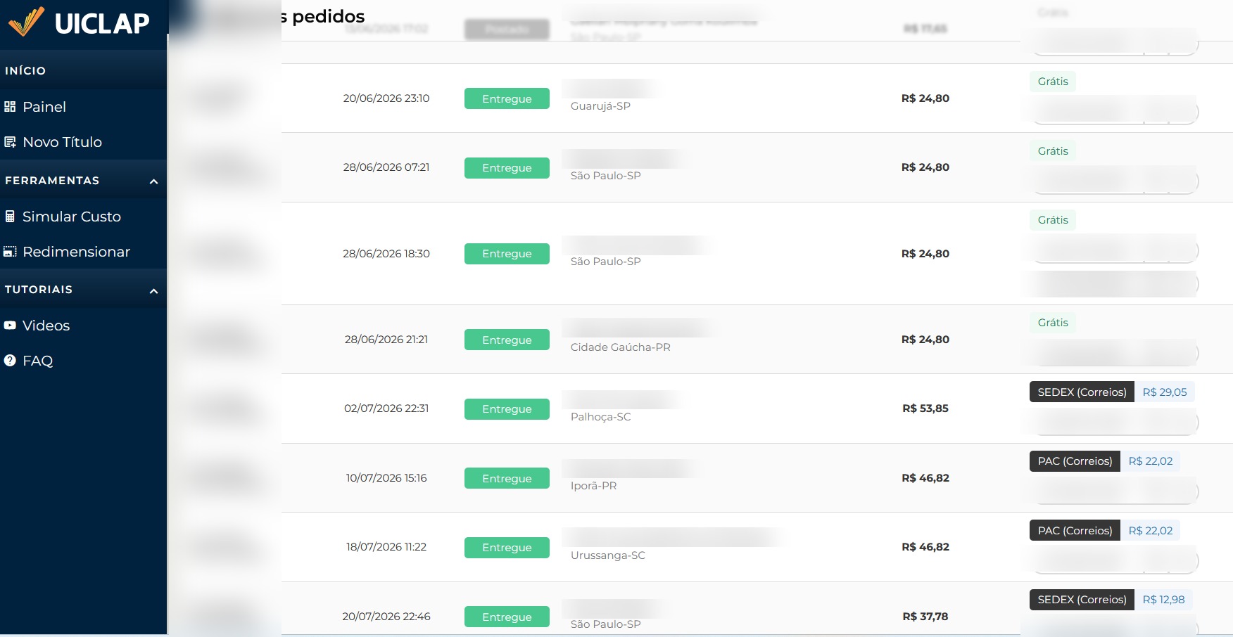 Tableau de commandes du guide LinguaBR imprimé, toutes marquées comme livrées