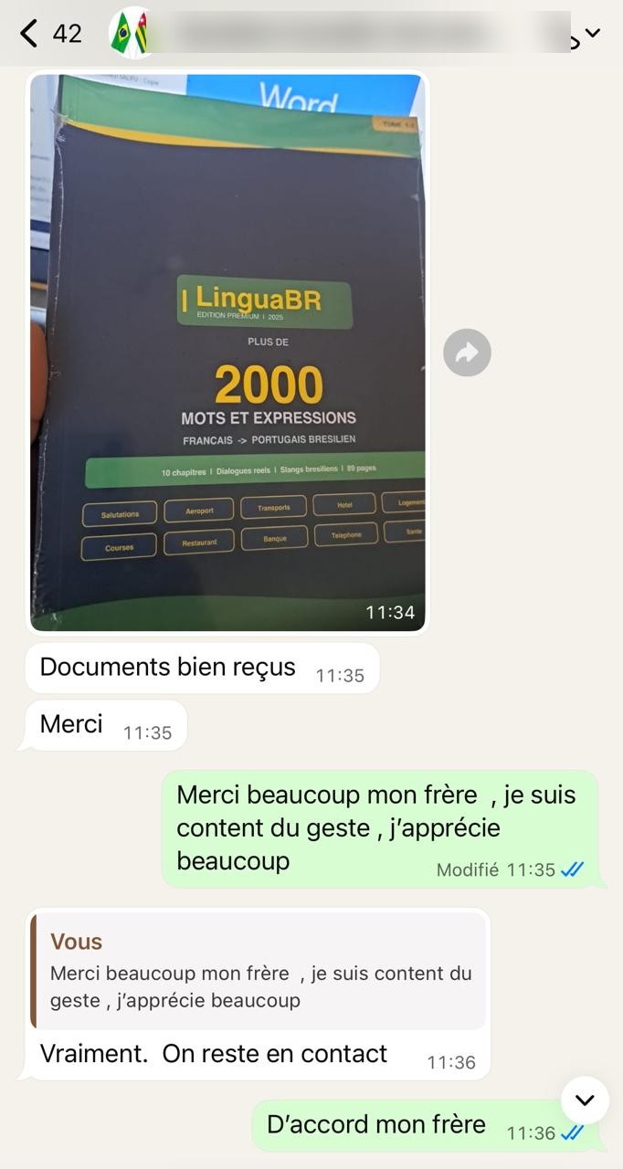 Retour WhatsApp d'un lecteur confirmant la réception du guide LinguaBR