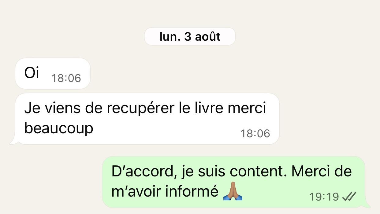 Retour WhatsApp d'un lecteur ayant récupéré son guide LinguaBR