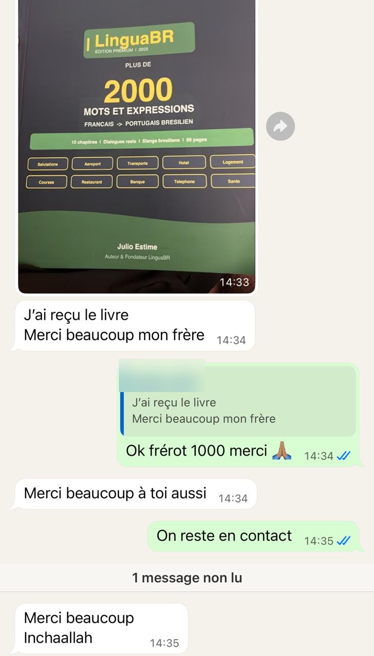Retour WhatsApp d'un lecteur satisfait après réception du guide LinguaBR