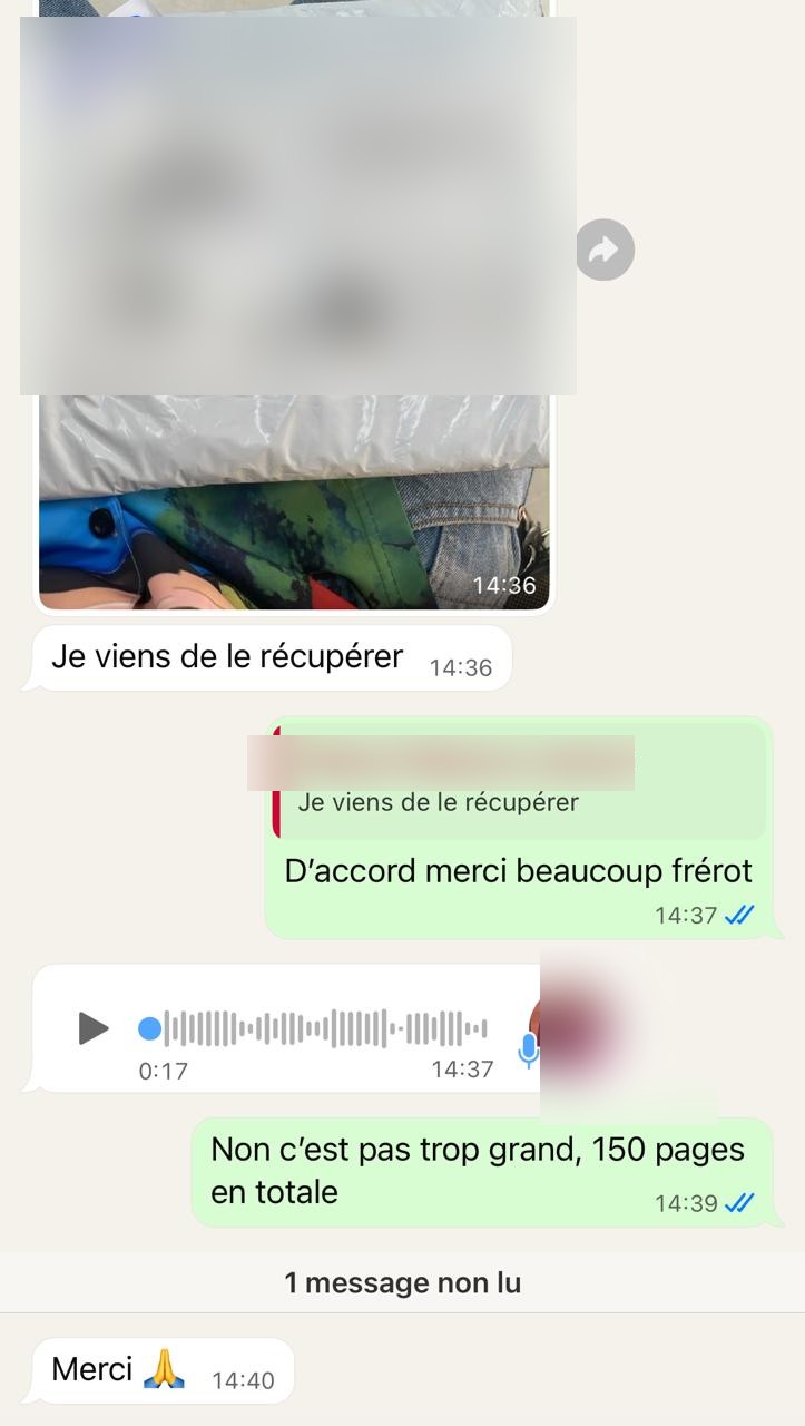 Retour WhatsApp confirmant la réception du guide LinguaBR imprimé, colis et livraison réels